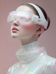 Wall Mural - A girl, dressed in white laser-reflective fabric clothing, wearing holographic interface network glasses with a headband strap, with her head slightly tilted upwards, 