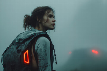 Wall Mural - Urban explorer techwear jacket with thermal lining and solar-powered battery pack, shown outdoors in a foggy city environment with backlit mist effects