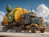 Pomalowana ciężarówka steampunkowa przewozi gigantyczne owoce: ananasa, pomarańczę, cytrynę, kiwi. Jedzie po wyboistej drodze w słoneczny dzień.