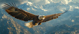 Majestic bald eagle soaring over snow-capped mountains during golden hour at sunset Generative AI