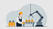 © Digital Work Space - A factory worker collaborates with an advanced robotic arm on an automated production line, illustrating modern industrial efficiency in flat design.