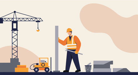 Construction worker in safety gear with tools and equipment on a building site, featuring a crane and forklift in a flat design style.