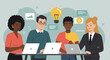 © Digital Work Space - A diverse business team collaborates on a new project, brainstorming ideas with laptops in a modern flat design illustration.