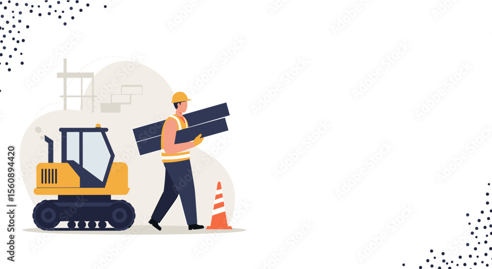 An illustration depicts a construction worker carrying steel beams near ...