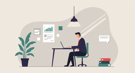 A businessman is diligently working on his laptop at a modern office desk, surrounded by charts and a plant, depicted in a clean flat design illustration style.
