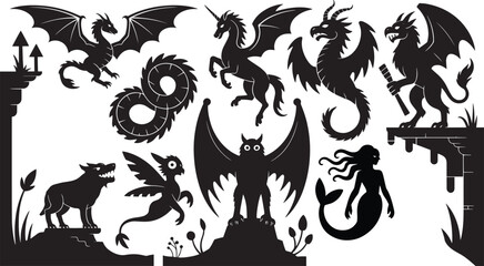  Black Silhouette Mythical Creatures Collection Dragons Unicorn Griffin Mermaid Wolf Bat vector