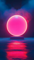 Wall Mural - Vivid neon sphere with a pink glow reflecting on water, digital art concept