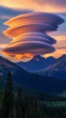 Wall Mural - Majestic lenticular clouds over mountain at sunset, breathtaking natural scene