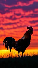 Wall Mural - Silhouette of a rooster at sunrise with vibrant orange and purple sky
