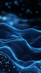 Wall Mural - Abstract digital landscape of blue particle waves on a dark background