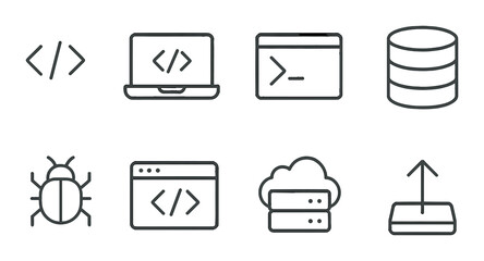 Coding icon set. programming, development, flat laptop, cloud, database, bug vector icons.