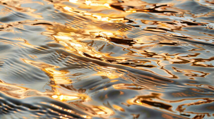 Wall Mural - Shimmering surface of water reflects golden hues, creating tranquil and mesmerizing scene. gentle ripples add to serene beauty of moment