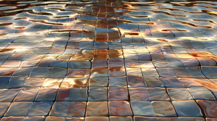 Wall Mural - Smooth reflective surface with gentle ripples creating serene atmosphere, showcasing mosaic of colors and textures