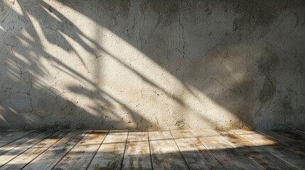 Wall Mural - Textured wall with light and shadow creating patterns on wooden floor, evoking serene atmosphere