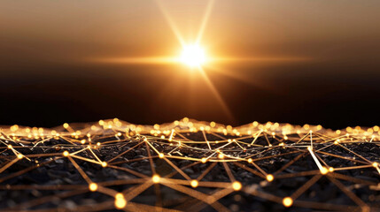 Wall Mural - glowing network of interconnected lines and dots against warm sunset backdrop creates captivating mi