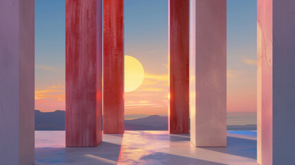 Wall Mural - Serene sunset scene featuring tall, abstract pillars against vibrant sky. warm colors create tranquil atmosphere, inviting reflection