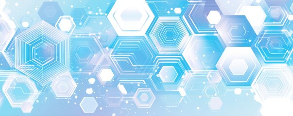 Wall Mural - background with blue and white hexagons, circuit board elements, digital technology concept banner d