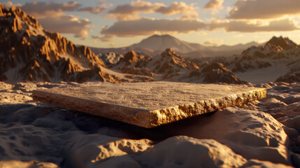 Wall Mural - Thin rectangle floating above textured surface in mountainous landscape during sunset, creating serene atmosphere