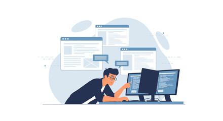 focused developer working on computer with multiple screen and browser windows