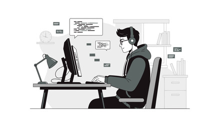 Focused Coder Working On Project In His Home Office During The Day