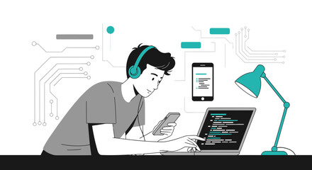 Wall Mural - Modern Programmer Working With Code On Laptop And Smartphone Illustration