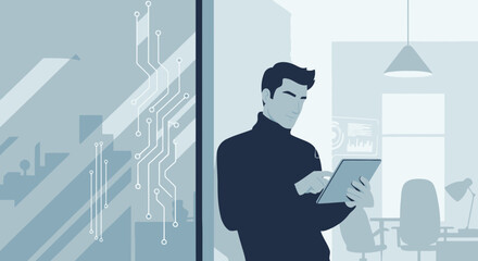 Wall Mural - Man Using Tablet In Modern Office With Tech Interface On Window