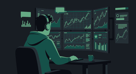 Person Analyzing Live Stock Market Data From Multiple Computer Screens