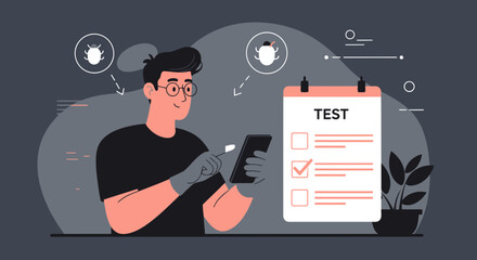 Software Tester Checks App Development Using Mobile Phone For Quality Assurance