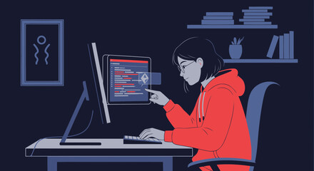Focused Coder Woman Working Diligently On Computer In Her Home Office