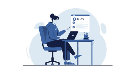 Wall Mural - Woman Solving Software Bugs On Laptop Illustration In Comfortable Workspace