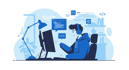 Young Man Coding At Desk With Headphones Working From Home Concept
