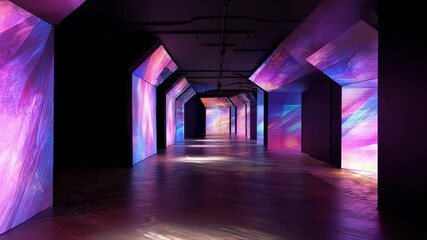 Wall Mural - Colorful abstract digital art projections illuminate a dark gallery corridor, creating an immersive and dynamic visual experience as they shift and evolve