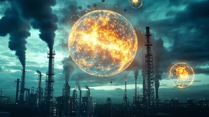 Wall Mural - futuristic industrial plant emitting smoke and pollution with energy spheres emerging from it under 