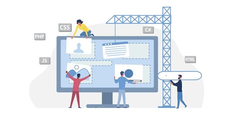 people create website. moving banner with team of programmers or coders standing in front of compute
