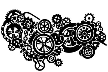 Steampunk composition of intricate gears and cogs creating a mechanical and industrial concept. Black retro mechanism. Vector illustration