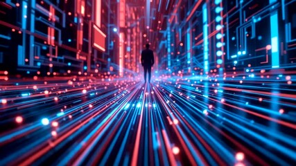 Silhouette figure stands in a digital tunnel of red and blue light, surrounded by data streams and futuristic circuits