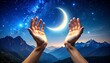 © aukkasit - Crescent Moon Embrace: Hands Reaching for Celestial Serenity