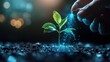 © Kelumlakmal - A human hand carefully watering a small glowing plant growing from a digital blueprint, on blur background