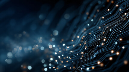 Wall Mural - abstract technology background: an abstract network of interconnected nodes and circuits glows with 