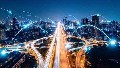 Futuristic data stream highway through city at night, digital technology concept