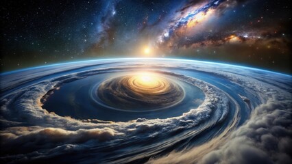 Wall Mural - Cosmic Eye of the Planet A swirling vortex of clouds encircles a radiant celestial core, a breathtaking spectacle of planetary atmosphere and cosmic dust against a backdrop of star-studded galaxies.