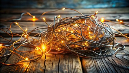 Wall Mural - tangled festive lights on rustic wooden surface, warm glow and cozy atmosphere