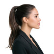 © kageyama - A professional woman with long. dark hair styled in a ponytail poses in profile. showcasing her elegant features and confident demeanor against a clean. white background. ideal for corporate or person