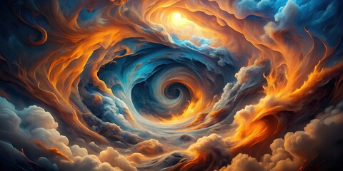 Wall Mural - A mesmerizing swirl of fiery orange and cool blue clouds creating a celestial vortex, a vibrant dreamscape of swirling energy and ethereal beauty, a cosmic dance of light and shadow.