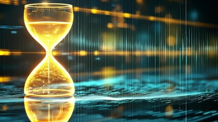 Wall Mural - glowing digital hourglass measuring passing time in abstract virtual reality environment with binary