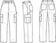 © Shafik Creatives - Cargo pants technical sketch, flat fashion vector, CAD illustration for apparel design, front side back view, clothing template mockup