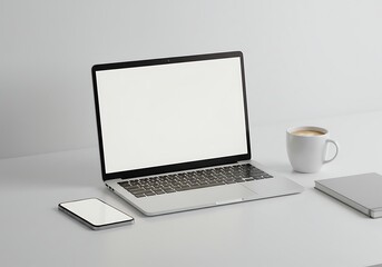 blank laptop screen mockup modern workspace with phone and notebook