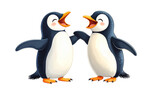 Two penguins joking with each other, one slapping its knee in laughter, red tone, transparent background.