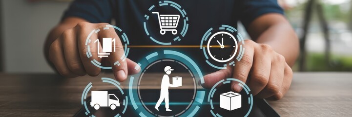 Hands interacting with a digital interface showing delivery and logistics icons.