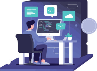 Illustration of a programmer coding at a desk with coding symbols and a dark background box


